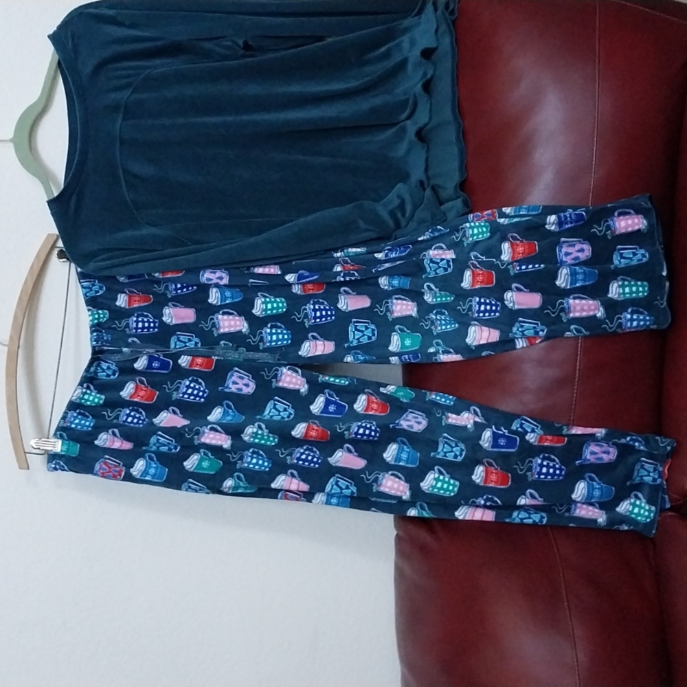 ☕Carole Hochman Velour Fleece Crew Neck PJ Set Sz L"teal" Blue Green Latte Color - Picture 3 of 6